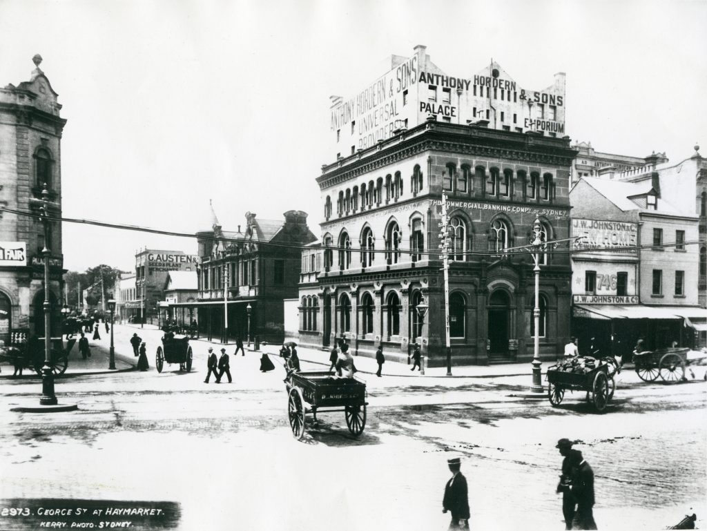 Historic black-and-white photo of George Street at Haymarket, early 1900s